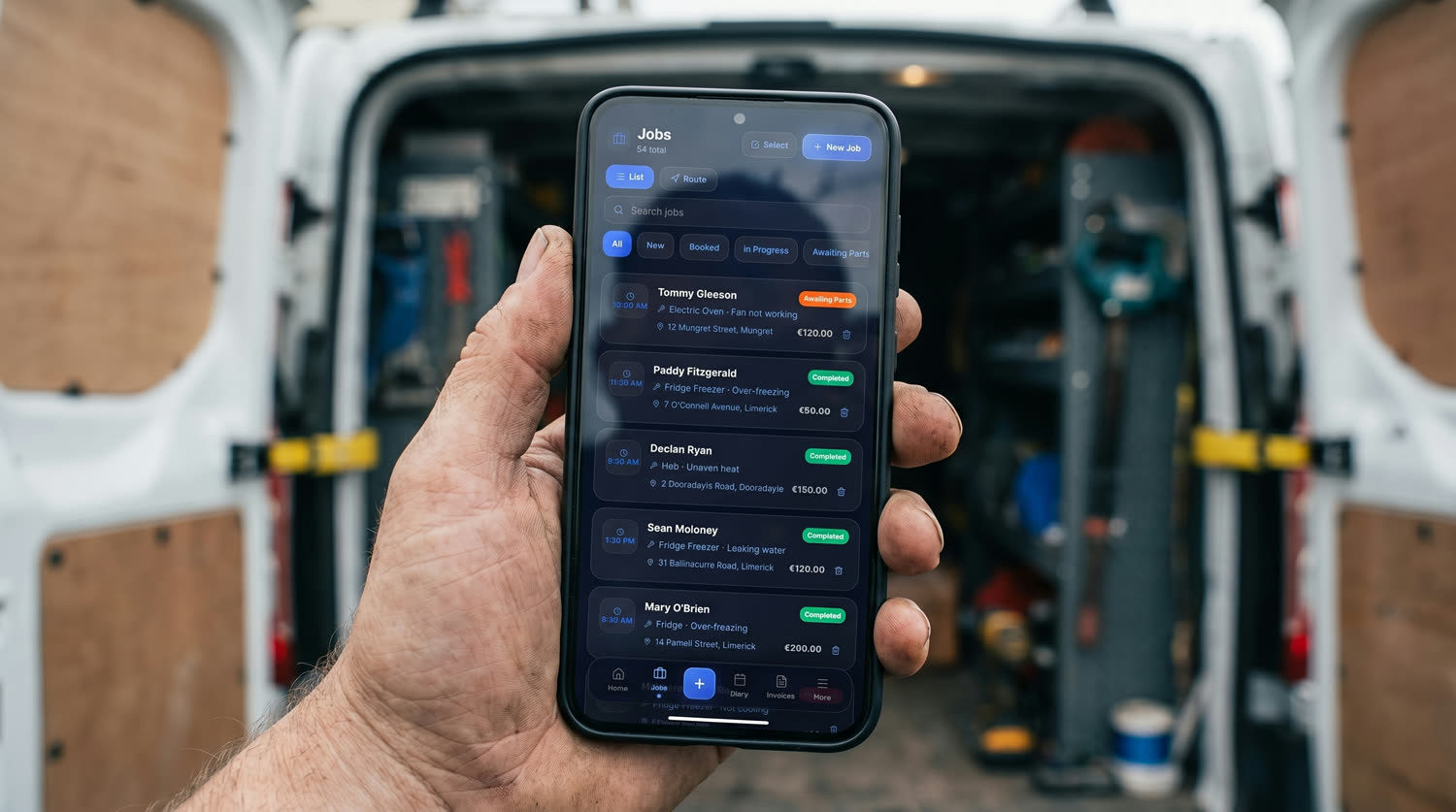 NoProb in hand at the back of a work van