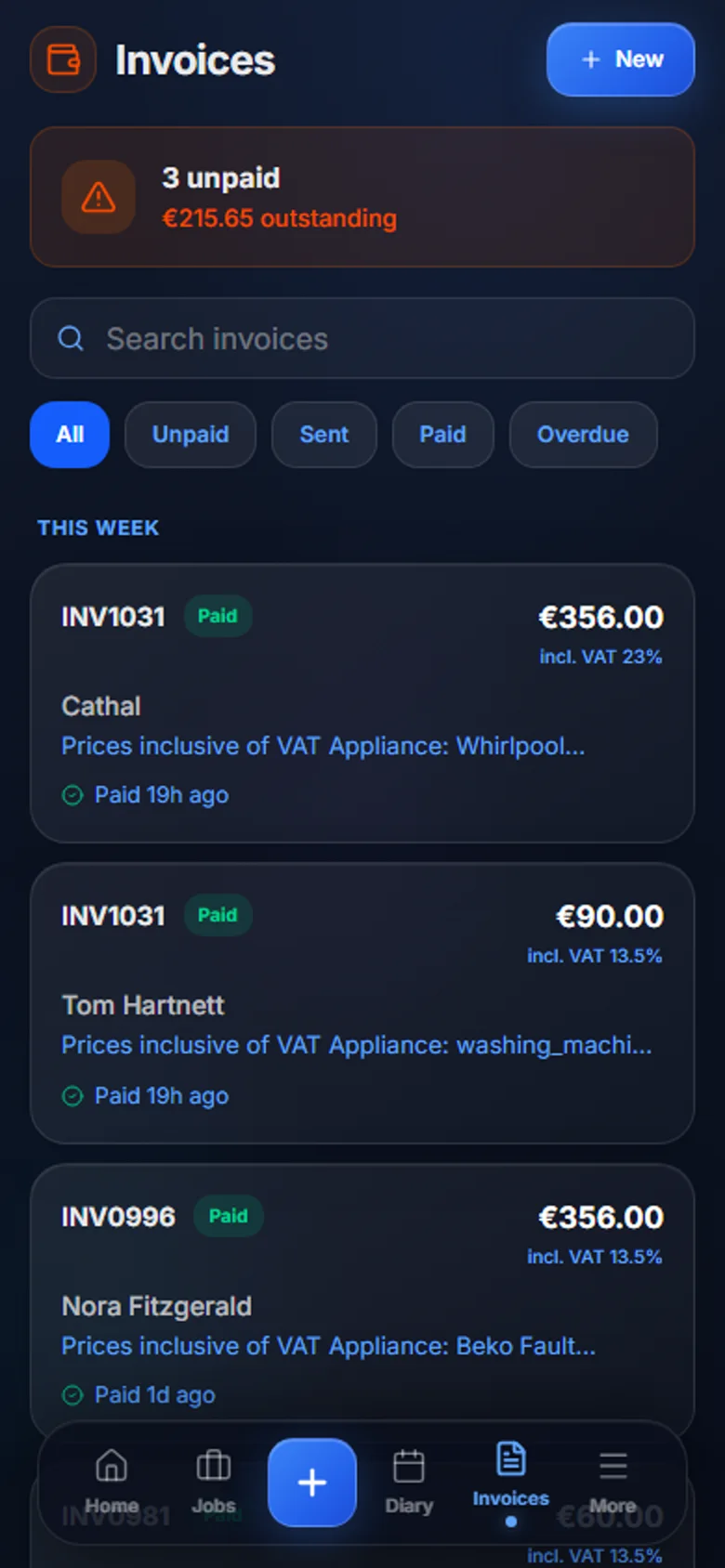 NoProb invoices — sent, paid and overdue at a glance